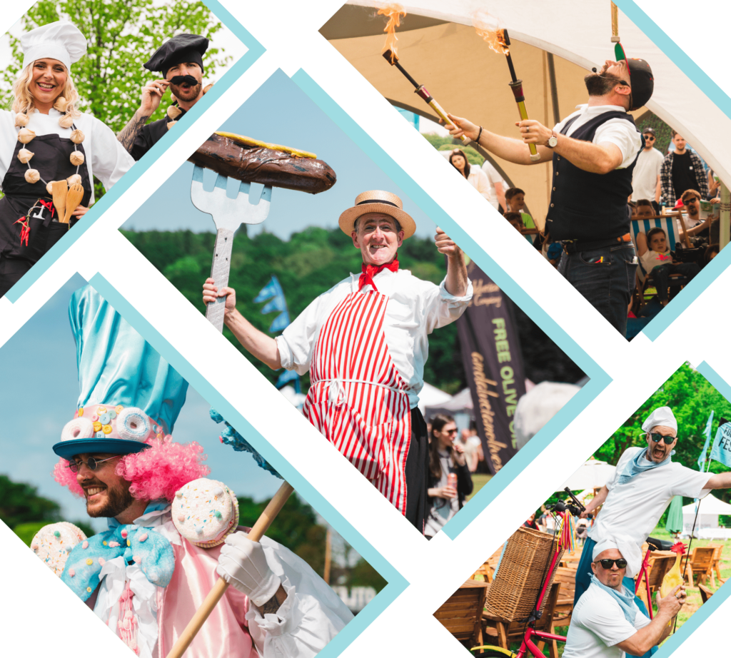 Free family entertainment, such as roaming comedy, stilt walkers, and magic shows
